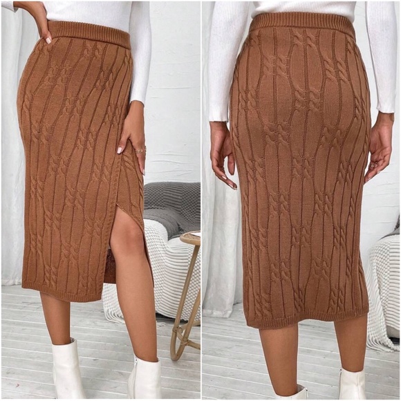 014 Cable Knit Split Thigh Ribbed Midi Skirt - Picture 5 of 8